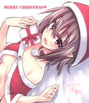  :d blush breasts brown_hair capelet christmas cleavage commentary_request eyebrows_visible_through_hair fur_trim gift hat heart hikawa_shou holding holding_gift looking_at_viewer lying naked_capelet on_back open_mouth red_capelet red_eyes santa_hat shameimaru_aya short_hair small_breasts smile solo touhou upper_body 