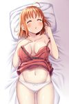  :o ahoge ass_visible_through_thighs bed_sheet blush breasts camisole cleavage closed_eyes collarbone cowboy_shot facing_viewer from_above hand_on_own_chest love_live! love_live!_sunshine!! lying medium_breasts mizukoshi_(marumi) navel on_back on_bed open_mouth orange_hair panties pillow shiny shiny_skin short_hair sleeping solo strap_slip takami_chika thighs underwear underwear_only white_panties 