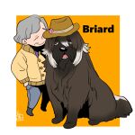  1girl amagi_happiness_(umamusume) animalization briard brown_jacket closed_mouth commentary_request dog flower full_body grey_hair grey_pants hat hat_flower jacket long_sleeves old old_woman onikobe_rin open_mouth orange_background pants short_hair simple_background smile solo standing two-tone_background umamusume umamusume:_star_blossom white_background 