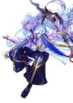  1boy black_boots black_pants black_sclera black_shirt boots cape closed_mouth colored_sclera fate/grand_order fate_(series) floating_cape floating_clothes floating_hair flower_knot frills full_body grey_hair hair_between_eyes hand_up highres holding holding_sword holding_weapon hoshitsubame jacket leg_up long_hair long_sleeves male_focus merlin_(fate) neck_ribbon pants petals pink_ribbon pointy_ears purple_eyes ribbon shirt simple_background smile solo standing standing_on_one_leg sword weapon white_background white_cape white_jacket wide_sleeves 