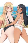  2girls :d absurdres animanghayo ass backless_swimsuit bikini black_hair black_one-piece_swimsuit blonde_hair blush clip_studio_paint_(medium) commentary cowboy_shot crossover ear_piercing earrings fake_nails fingernails from_behind gradient_hair hair_ornament hairclip half-closed_eyes hand_on_another&#039;s_back heart heart_hands heart_hands_duo highres ijiranaide_nagatoro-san jewelry kitagawa_marin long_fingernails long_hair looking_at_viewer looking_back multicolored_hair multiple_girls nagatoro_hayase one-piece_swimsuit orange_hair piercing pink_eyes smile sono_bisque_doll_wa_koi_wo_suru standing swimsuit tan tanlines thighs white_one-piece_swimsuit 