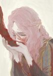  1boy 1girl absurdres astarion baldur&#039;s_gate baldur&#039;s_gate_3 bleeding blood blood_on_face curly_hair deep_wound dungeons_&amp;_dragons freckles half-closed_eyes hetero highres holding_hands injury kiss kissing_hand kuzen long_hair mourning pale_skin pink_hair pointy_ears tav_(baldur&#039;s_gate) white_background zombie zombification 