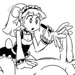  1girl android bow disembodied_penis dress eyebrows feather_duster fupoo headdress long_hair maid maid_headdress monochrome open_mouth penis ponytail robot rockman rockman_(classic) roll sitting testicles tied_hair 