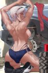  1girl absurdres arms_up back backboob black_hairband blue_panties borrowed_character breasts car commentary commission cross-laced_clothes cross-laced_panties dragon_tattoo english_commentary farah_(meatswog) full_body hairband highres holding holding_wrench kneeling large_breasts leg_tattoo looking_back mechanic median_furrow motor_vehicle original panties red_eyes shoes short_hair shoulder_blades sneakers solo tattoo topless_female underwear v-shaped_eyebrows w4pz wheel white_hair wrench 