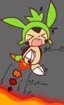ambiguous_gender anthro bodily_fluids burning butt_on_fire chespin eyes_closed fire generation_6_pokemon hand_on_butt hi_res lava nintendo open_mouth pain pokemon pokemon_(species) semi-anthro smoke solo tears xiaoxiatuzi