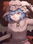  1girl back_bow bat_wings blue_hair bow brown_wings gem hand_on_headwear hat highres light_smile looking_at_viewer medium_hair mob_cap o_ku orange_gemstone pink_hat pink_shirt puffy_short_sleeves puffy_sleeves red_background red_bow red_eyes red_ribbon remilia_scarlet ribbon shirt short_sleeves solo touhou upper_body wings 