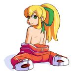  1girl android ass blonde_hair eyebrows fupoo green_eyes long_hair looking_back no_humans ponytail robot rockman rockman_(classic) roll solo tied_hair tongue tongue_out 