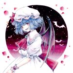  1girl absurdres ascot back_bow bat_(animal) bat_wings blue_hair bow circle collar colored_pencil_(medium) commentary_request cowboy_shot fangs frilled_collar frilled_wrist_cuffs frills from_side gem green_gemstone hat hat_ribbon highres light_particles pink_hat pink_shirt pink_skirt puffy_short_sleeves puffy_sleeves red_ascot red_bow red_eyes red_ribbon remilia_scarlet ribbon shapes shirt short_hair short_sleeves skirt slit_pupils smile solo sorakun_ai1y square touhou traditional_media triangle white_background wings wrist_cuffs 