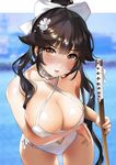  ass_visible_through_thighs azur_lane black_hair blurry blurry_background blush bow breasts cleavage commentary_request cowboy_shot criss-cross_halter depth_of_field hair_bow hair_flaps halterneck holding holding_sword holding_weapon large_breasts leaning_forward ogino_atsuki one-piece_swimsuit ponytail solo swimsuit sword takao_(azur_lane) weapon white_bow white_swimsuit 