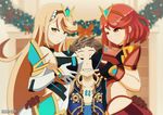  1boy 2girls bard-bot blonde_hair blush bodysuit breasts breasts_on_face brown_hair gloves hair_ornament hikari_(xenoblade_2) homura_(xenoblade_2) multiple_girls nintendo red_hair rex_(xenoblade_2) short_hair xenoblade_2 