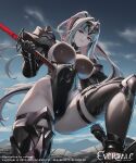  1girl armor artist_name black_hair black_leotard black_streaks blue_sky bracer breasts circlet closed_mouth cloud cloudy_sky copyright_name corruption cuboon cuisses curvy day evertale from_below gauntlets gorget groin hair_intakes highleg highleg_leotard highres holding holding_sword holding_weapon impossible_clothes impossible_leotard katana knee_guards kneeling large_breasts leotard long_hair looking_at_viewer looking_down ludmilla_(evertale) mountain mountainous_horizon multicolored_hair official_alternate_costume official_alternate_eye_color official_alternate_hair_color official_alternate_skin_color official_art pale_skin pauldrons red_eyes revealing_clothes shoulder_armor sideboob sidelocks skin_tight skindentation sky solo streaked_hair sword thigh_strap tsuba_(guard) tsuka-ito tsuka_(handle) two-tone_hair very_long_hair weapon white_hair 