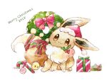  :3 box brown_eyes candy candy_cane christmas_ornaments christmas_wreath eevee food full_body gift gift_box hat merry_christmas no_humans non_(kumakawayusu) painting_(medium) pokemon pokemon_(creature) santa_hat simple_background solo traditional_media watercolor_(medium) white_background wreath 