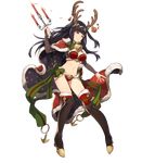  1girl animal_ears bangs bell_collar black_nails bow breasts candle cape chandelier christmas fire_emblem full_body fur_trim gift green_bow hime_cut long_hair looking_at_viewer medium_breasts midriff mistletoe red_cape reindeer_antlers simple_background smile solo standing tharja thigh_boots thighhighs transparent_background two_side_up washimoto9 washimoto_(artist) 