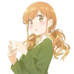  :o blush eyebrows_visible_through_hair fingers_together green_sweater long_hair looking_at_viewer looking_to_the_side orange_hair original shirt simple_background solo sweater tsuke_(maholabo) two_side_up upper_body white_background white_shirt yellow_eyes 