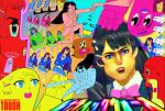  1boy abstract ac-bu_(style) artist_name blue_eyes blue_jacket bow brain grimace hair_dryer hair_ornament hairclip highres holding holding_hair_dryer jacket long_hair multiple_views nazono_mito nijisanji open_mouth parody pink_bow plaid_clothes plaid_skirt skirt song_name surreal touoh tsukino_mito tsukino_mito_(1st_costume) virtual_youtuber x-ray 