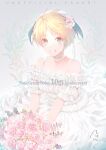  1girl anniversary bare_shoulders blonde_hair blush blush_stickers bouquet breasts bride choker dress fate/grand_order fate_(series) flower gareth_(fate) green_eyes hair_flaps hair_flower hair_ornament highres holding holding_bouquet knights_of_the_round_table_(fate) large_breasts long_dress looking_at_viewer nekotawawa open_mouth pink_flower pink_rose rose short_hair smile solo wedding_dress white_choker white_dress 