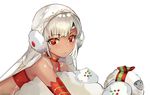  altera_(fate) altera_the_santa bangs bare_shoulders blush dark_skin detached_sleeves earmuffs eyebrows_visible_through_hair fate/grand_order fate_(series) from_side looking_to_the_side mittens red_eyes shiny shiny_hair short_hair simple_background solo tong_pole tsurime upper_body veil white_background white_mittens 