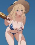  american_flag american_flag_bikini american_flag_print beer_bottle bikini black_hat_ribbon blonde_hair blue_background blue_bikini blue_eyes breasts flag_print flag_print_bikini grin halterneck hand_on_own_thigh hat hat_ribbon jaejae leaning_forward light_blush looking_at_viewer mole mole_on_breast print_bikini raised_eyebrows ribbon smile straw_hat sweat sweatdrop swimsuit 