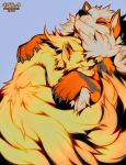  2018 ambiguous/ambiguous ambiguous_gender arcanine black_nose blue_background canid canine claws cuddling duo eyes_closed falvie feral fluffy fluffy_tail fur happy hug mammal multi_tail ninetales nintendo orange_fur pok&eacute;mon pok&eacute;mon_(species) popparotzi simple_background sleeping smile video_games yellow_fur 