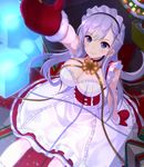  azur_lane belfast_(azur_lane) blue_eyes braid breasts choker christmas cleavage dress eyebrows_visible_through_hair frills highres large_breasts long_hair looking_up maid_headdress mappaninatta mittens reaching_out ribbon silver_hair sitting smile solo 