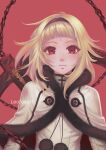  1girl absurdres arched_bangs artist_name black_hairband blonde_hair capelet chain closed_mouth commentary drag-on_dragoon drag-on_dragoon_3 english_commentary eyelashes facial_mark forehead_mark fur-trimmed_capelet fur_trim hairband highres leofoxart long_hair looking_at_viewer one_(drag-on_dragoon) red_background red_eyes simple_background solo upper_body weapon white_capelet 