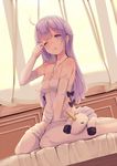  ahoge amacha azur_lane bangs between_legs breasts curtains dress dutch_angle elbow_gloves full_body gloves hand_between_legs hand_up indoors long_hair on_bed purple_eyes purple_hair sitting sleepy small_breasts solo stuffed_unicorn unicorn_(azur_lane) white_dress white_gloves 