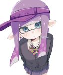  1girl blue_eyes blue_skirt blush bow bowtie collared_shirt commentary hat inkling inkling_girl inkling_player_character kin_sou long_hair looking_at_viewer pleated_skirt pointy_ears print_hat purple_hair purple_hat shirt simple_background skirt solo splatoon_(series) splatoon_3 standing striped_bow striped_bowtie striped_clothes tentacle_hair visor_cap white_background 