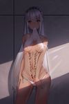  absurdres against_wall altera_(fate) bangs bare_arms bare_shoulders blush body_writing breasts breasts_apart camisole closed_mouth contrapposto covered_nipples dark_skin eyebrows_visible_through_hair fate/grand_order fate_(series) frown hair_between_eyes hand_on_hip highres legs_apart lens_flare lifted_by_self light looking_at_viewer medium_breasts mouth_hold navel panties red_eyes see-through shiny shiny_hair shiny_skin short_hair sidelocks skindentation solo standing stomach strap_slip sweat tattoo ten_no_hoshi thighs underboob underwear veil white_panties 