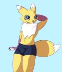  2019 anthro blue_background blue_eyes bulge canid canine clothed clothing dabelette digimon digimon_(species) digital_media_(artwork) fur hand_behind_head looking_at_viewer male mammal renamon simple_background smile solo underwear yellow_fur 