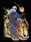  1girl arm_wrap black_background black_capelet blindfold bonfire_(dark_souls) candle capelet corrupted_twitter_file covered_eyes dark_souls_(series) dark_souls_iii dress eye_mask fire fire_keeper flat_color floral_print highres long_hair lululu0111 mask outstretched_hand smile solo wavy_hair white_hair 