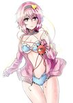  alternate_costume bangs bikini blue_bikini breasts cleavage closed_mouth commentary_request cowboy_shot eyeball hairband heart highres hood hoodie komeiji_satori long_sleeves looking_at_viewer medium_breasts navel open_clothes open_hoodie pink_eyes pink_hair short_hair solo stomach swimsuit thigh_gap third_eye touhou y2 