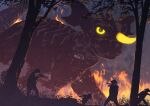 1boy 4others aiming ajirogasa baragon_(godzilla) fire firing fleeing forest giant giant_monster glowing glowing_eyes glowing_horns godzilla_(series) grass gun hat highres holding holding_gun holding_weapon horns kaiju multiple_others nature night open_mouth outdoors perori_(peroringa) rifle running silhouette single_horn smoke sparks spines straw_cape tail toho_(movie_company) tree weapon 