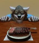  2017 anthro blue_eyes canine digital_media_(artwork) food male mammal not_vegan rakan scar shaneinvasion steak were werewolf wolf 