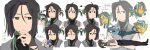  1girl :d :| black_hair black_nails black_pants black_shirt black_shoes chinese_commentary chinese_text closed_eyes closed_mouth commentary_request cropped_shoulders cup dated drinking_glass empty_eyes expressionless from_side full_body grape_juice green_eyes green_hair grey_jacket hair_ornament half_updo hand_up hermit_crab high-waist_pants high_heels highres holding holding_cup jacket juice lying multicolored_hair multiple_views nose_bubble on_back one_less_chopstick_band pants raised_eyebrow shirt shoes simple_background sleeping sleeveless sleeveless_jacket smile song_na translation_request troka turtleneck turtleneck_shirt two-tone_hair white_background wine_glass 