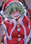  alternate_costume bangs blush bobblehat breasts breath capelet christmas cleavage eyebrows_visible_through_hair fur-trimmed_capelet fur-trimmed_hat fur_trim gloves glowing glowing_eyes green_hair hair_between_eyes hat heavy_breathing hole_in_wall kazami_yuuka large_breasts leaning_forward looking_at_viewer narrowed_eyes naui_kudan open_mouth pom_pom_(clothes) red_eyes red_gloves red_hat santa_costume santa_hat short_hair solo teeth touhou tsurime upper_body upper_teeth wall 