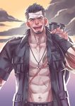  &gt;_&lt; :d bag black_hair black_jacket final_fantasy final_fantasy_xv fingerless_gloves gladiolus_amicitia gloves grin jacket jewelry male_focus manly moodud muscle necklace open_clothes open_mouth open_shirt scar shirt smile solo tattoo xd 