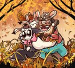 2023 altermentality ambiguous_gender anthro autumn beard beaver beaver_(mario_plus_rabbids) black_clothing black_ear_tips black_eyewear black_hat black_headwear black_nose black_sunglasses black_trenchcoat blue_bottomwear blue_clothing blue_pants boots bottomwear bow_tie bowler_hat brown_beard brown_boots brown_clothing brown_eyebrows brown_facial_hair brown_footwear brown_mustache brown_stripes brown_tail buckteeth closed_smile clothed clothed_anthro clothed_male clothing collared_shirt dipstick_ears dress_shirt dryad dryad_(mario_plus_rabbids) ear_markings english_description eyebrows eyelashes eyes_closed eyewear facial_hair falling_leaves female feral footwear forest freckled_face freckles fully_clothed fully_clothed_anthro fully_clothed_male fur grass group group_hug hair happy hat headgear headwear hug hugging_another hybrid larger_anthro larger_male leaf leaf_hair light lighting looking_at_another love male mammal mario_plus_rabbids_sparks_of_hope markings mitten_hands mouth_closed multicolored_ears mustache nintendo noseless on_another open_mouth open_smile orange_hair outside pants pink_bow_tie pink_tongue plant plant_hair pockets pseudo_hair red_clothing red_shirt red_topwear rodent rolled_up_sleeves shaded shirt shoes sitting sitting_on_ground size_difference smaller_ambiguous smaller_anthro smaller_female smaller_feral smile striped_markings striped_tail stripes sunglasses suspenders sweetlopek t.s._woodrow tail tail_markings tan_eyelids tan_inner_ear teeth thick_eyebrows tongue topwear tree white_body white_fur
