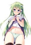  between_breasts black_legwear blue_eyes blue_skirt bow bow_panties breasts commentary_request frog_hair_ornament green_hair green_panties hair_ornament hair_tubes kochiya_sanae large_breasts lifted_by_self long_hair looking_at_viewer miniskirt miyase_mahiro navel necktie necktie_between_breasts panties simple_background skirt skirt_lift snake_hair_ornament solo stomach thighhighs touhou underwear white_background 
