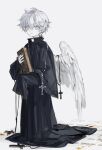  1boy absurdres aged_down angel_wings black_robe black_sleeves blue_eyes book clerical_collar closed_mouth cross cross_necklace evl_1230 feathered_wings full_body grey_background hair_between_eyes highres holding holding_book jewelry latin_cross long_sleeves looking_at_viewer machasal male_focus narke_farnese necklace robe short_hair single_sleeve_past_fingers single_wing solo standing white_hair wings 