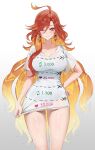  1girl absurdres ahoge bare_legs blush breasts collarbone colored_inner_hair cut-here_line earrings genshin_impact hair_between_eyes hand_on_own_hip highres jewelry large_breasts legs long_hair long_shirt looking_at_viewer mavuika_(genshin_impact) multicolored_hair one_eye_closed orange_eyes orange_hair parted_lips shirt simple_background smile solo sun_earrings twitter_cutting_game very_long_hair vitaminechan white_background white_shirt 