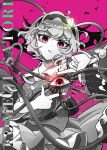  1girl @_@ absurdres bags_under_eyes buttons character_name collared_shirt cowboy_shot finger_frame floral_print floral_print_skirt frilled_skirt frills glowing greyscale_with_colored_background hairband heart_button heart_hairband highres komeiji_satori long_sleeves pink_background pink_eyes print_skirt shirt skirt solo spot_color third_eye touhou wide_sleeves yuriri2001 