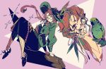  1girl :d bag bird bird_on_hand closed_mouth eyewear_strap flower full_body glasses green_bird green_hat hand_up hat hat_feather hat_flower highres holding holding_bag jacket kakania_(reverse:1999) knees_up long_hair long_skirt looking_at_viewer low_ponytail mr.cockroach multiple_views open_mouth pantyhose parrot pencil_skirt picture_hat pink_background ponytail reverse:1999 semi-rimless_eyewear shirt shoes skirt smile sparkle striped_clothes striped_pantyhose under-rim_eyewear upper_body vertical-striped_clothes vertical-striped_pantyhose white_shirt 