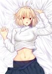 1girl :d arcueid_brunestud bed_sheet blonde_hair blue_skirt blush breasts hair_between_eyes hand_up highres iro_(sekaixiro) jewelry large_breasts long_sleeves looking_at_viewer loose_skirt lying navel necklace open_mouth red_eyes short_hair skirt smile solo stomach sweater tsukihime turtleneck type-moon type-moon_heroines white_sweater 