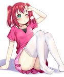  aqua_eyes arm_support arm_up ass bangs blush bra_strap breath closed_mouth hand_on_forehead highres kurosawa_ruby looking_up love_live! love_live!_sunshine!! mizukoshi_(marumi) no_panties no_shoes pink_shirt pink_skirt pouty_lips red_hair shirt short_hair short_sleeves simple_background sitting skirt solo sweat thighhighs two_side_up upskirt white_background white_legwear 