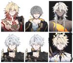  4boys alternate_form antenna_hair armor black_choker black_coat black_jacket black_shirt blonde_hair blue_eyes braid caelus_(honkai:_star_rail) chest_tattoo choker clenched_teeth coat commentary_request cracked_skin dark-skinned_male dark_skin facial_tattoo glaring gold_necklace gradient_hair grey_hair hair_between_eyes halo halo_behind_head highres honkai:_star_rail honkai_(series) jacket jewelry korean_commentary long_hair material_growth medium_hair multicolored_hair multiple_boys mydei_(honkai:_star_rail) nanook_(honkai:_star_rail) neck_tattoo necklace open_clothes open_coat open_jacket parted_bangs pauldrons phainon_(honkai:_star_rail) phainon_(khaslana)_(honkai:_star_rail) pin3909 red_hair red_tattoo shirt short_hair shoulder_armor side_braid single_pauldron sun_symbol sun_tattoo tattoo teeth toned toned_male trailblazer_(honkai:_star_rail) twin_braids white_hair white_shirt yellow_blood yellow_eyes 