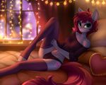  2017 anthro clothed clothing cutie_mark detailed_background digital_media_(artwork) equine fan_character female green_eyes grey_skin hair legwear looking_at_viewer mammal midriff my_little_pony navel panties smile solo stockings thigh_highs tomatocoup underwear window 