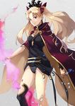  55level asymmetrical_legwear asymmetrical_sleeves bangs between_breasts black_legwear black_nails blonde_hair breasts buckle cape closed_mouth commentary detached_collar earrings ereshkigal_(fate/grand_order) fate/grand_order fate_(series) hair_ribbon highres holding holding_weapon infinity jewelry light_particles long_hair looking_at_viewer multicolored multicolored_cape multicolored_clothes nail_polish necklace parted_bangs polearm red_cape red_eyes red_ribbon ribbon simple_background single_sleeve single_thighhigh skull smile solo spine thighhighs tiara two_side_up weapon yellow_cape 