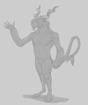absurd_res aduran anthro featureless_crotch forked_tail front_view full-length_portrait gesture hi_res hooves horn looking_at_viewer male male_anthro monochrome mouth_closed nude portrait pupils scalie simple_background sketch slit_pupils solo species_request spiral_horn spotted_neck spotted_shoulders standing tail tail_tuft tuft unusual_anatomy unusual_tail waving waving_at_viewer
