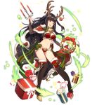 1girl animal_ears bangs bell_collar black_nails bow breasts candle cape chandelier christmas fire_emblem full_body fur_trim gift green_bow hime_cut long_hair looking_at_viewer medium_breasts midriff mistletoe red_cape reindeer_antlers simple_background smile solo standing tharja thigh_boots thighhighs transparent_background two_side_up washimoto9 washimoto_(artist) wreath 