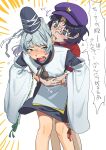  2girls biting biting_ear blue_eyes blue_hair blush detached_sleeves embarrassed grey_hair hands_on_another&#039;s_arms hat highres hug hug_from_behind jiangshi long_hair long_sleeves miyako_yoshika mononobe_no_futo multiple_girls ofuda ofuda_on_head open_mouth pale_skin ponytail red_shirt sharp_teeth shirt short_hair short_sleeves sobayu_to_tenpura speech_bubble sweat sweatdrop teeth touhou translation_request upper_teeth_only white_shirt 